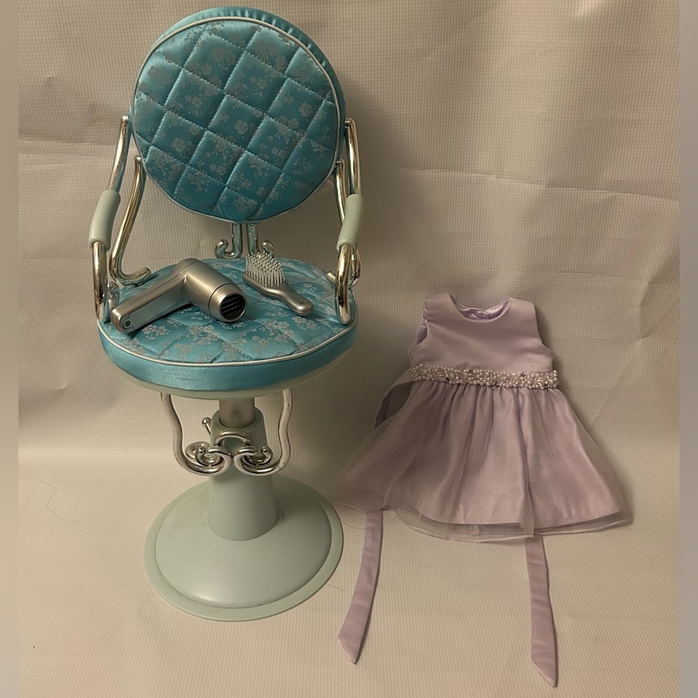 Doll Salon Chair, hairdryer, brush, and dress